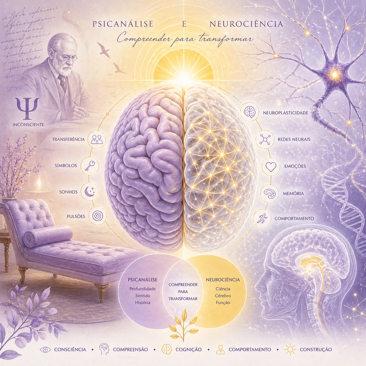 Infográfico integrando Psicanálise e Neurociência: do inconsciente à neuroplasticidade